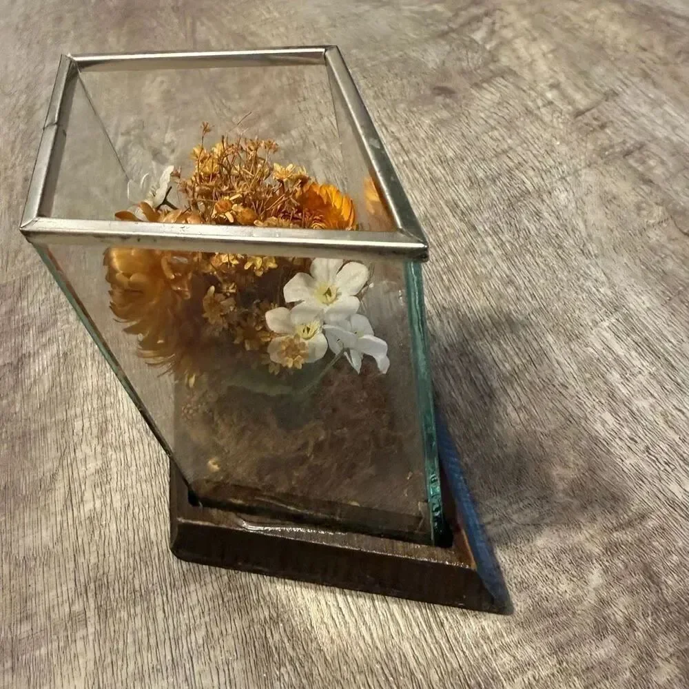 Leonard Creations Dried Flower Arrangement 6” Tall Glass Box Wood Terrarium